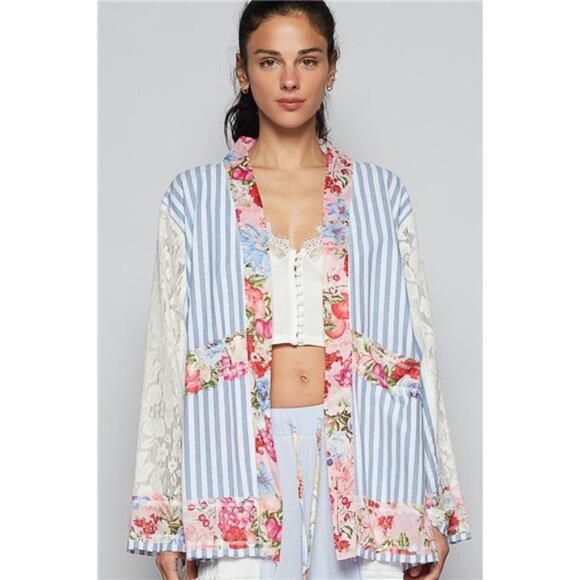 POL Sweaters - POL Lace Long Sleeve Striped Cardigan with Floral Patchwork Detail